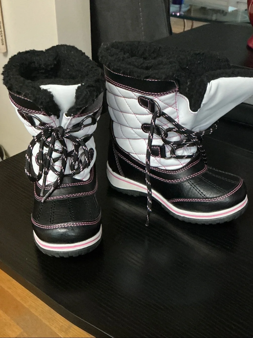 Haddie T Faux Fur Lined Boots - Black with Pink Stitching